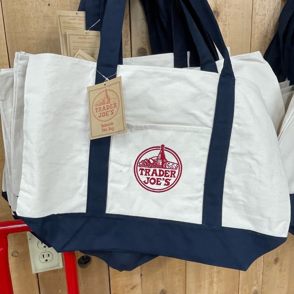 Trader Joe's Reusable Tote Bag in White and Blue